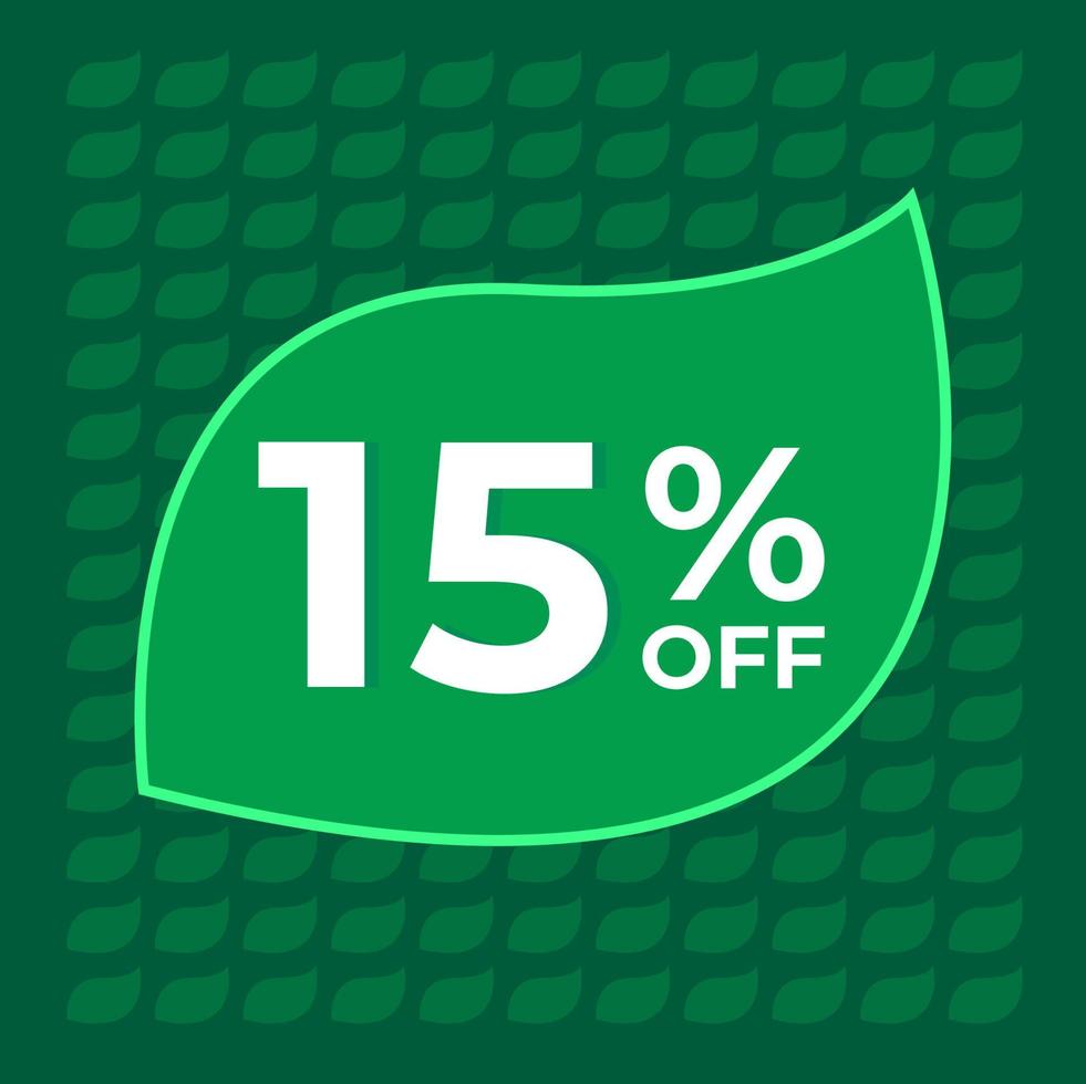 15 percent off. Fifteen percent off on a green background with tree leaf concept vector. vector