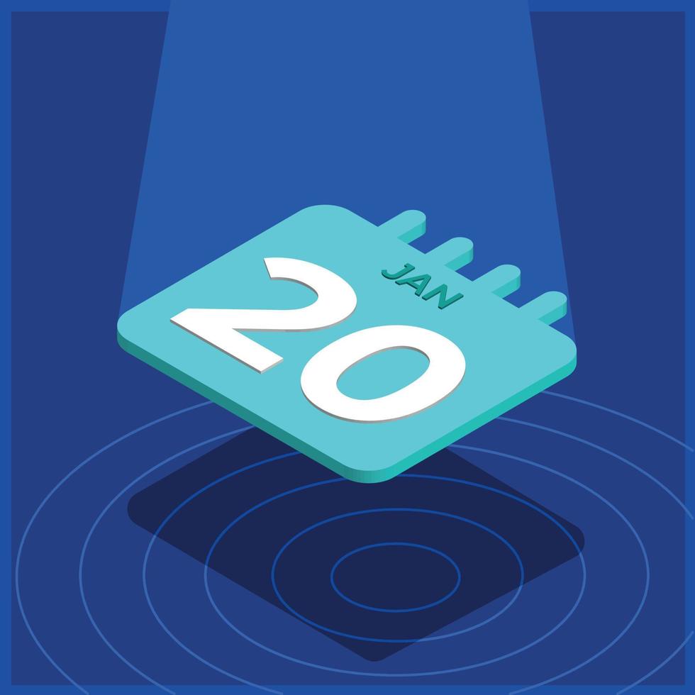 Blue 3D calendar floating with spotlight - January 20th vector