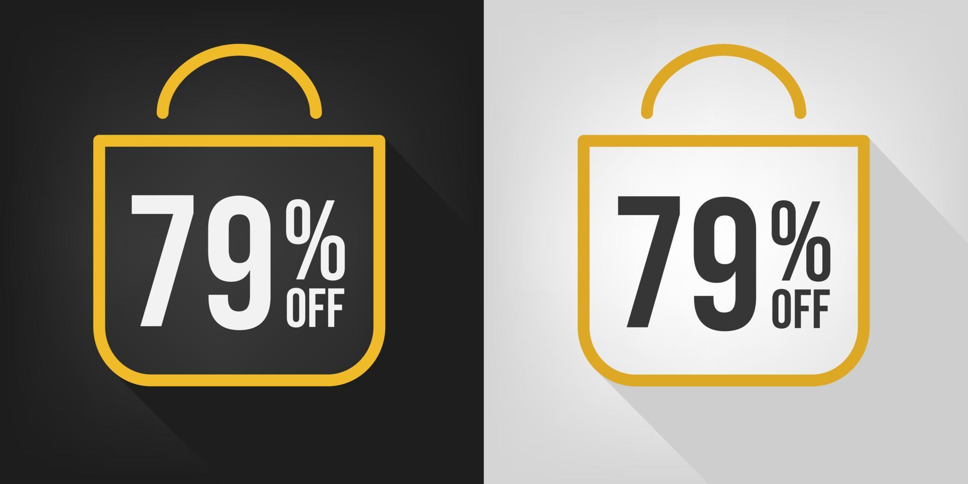 79 por ciento de descuento. pancarta negra, blanca y amarilla con un setenta y nueve por ciento de descuento. vector de concepto de bolsa de compras.