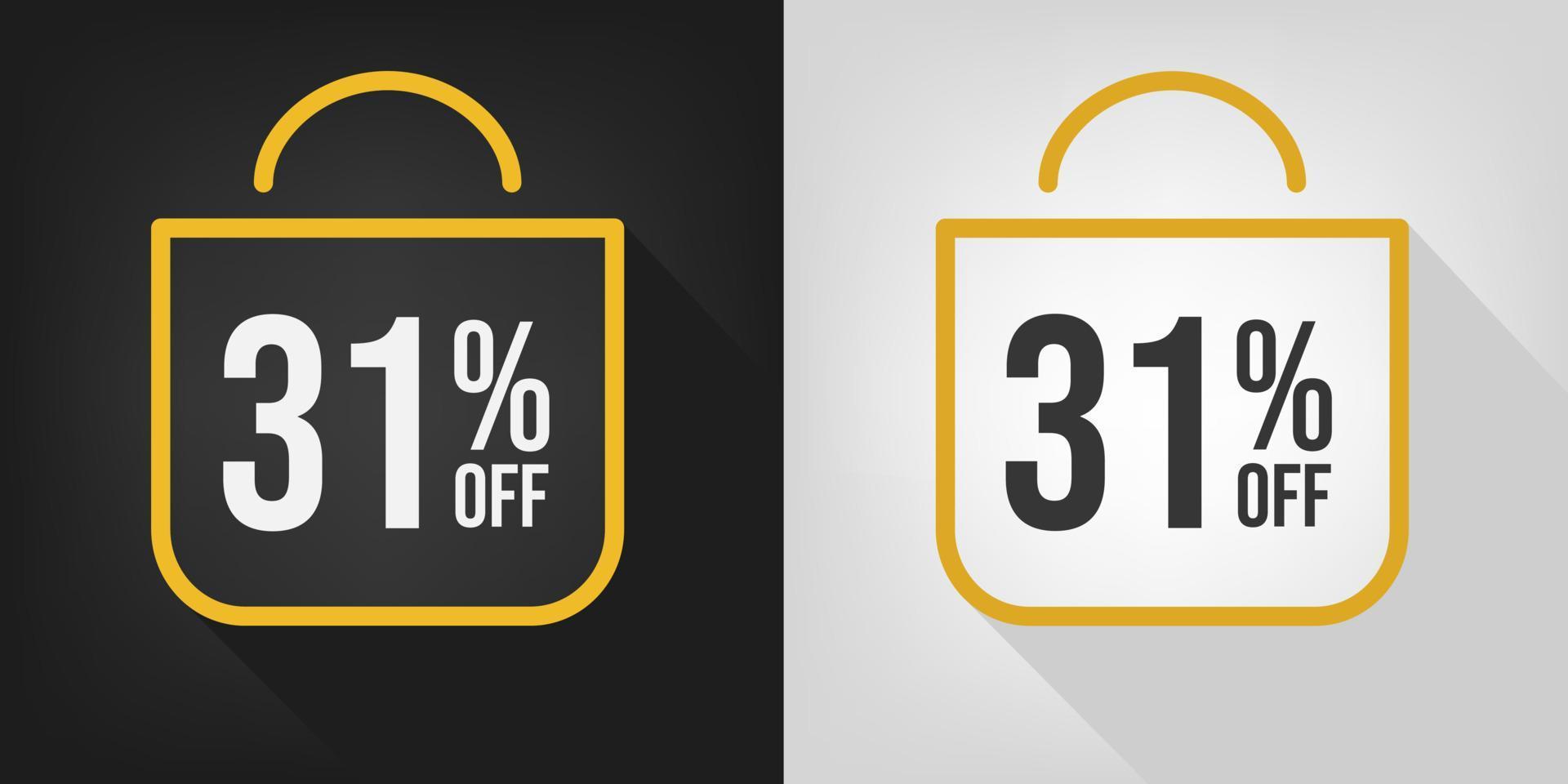 31 percent off. Black, white and yellow banner with thirty-one percent discount. Shopping bag concept vector. vector