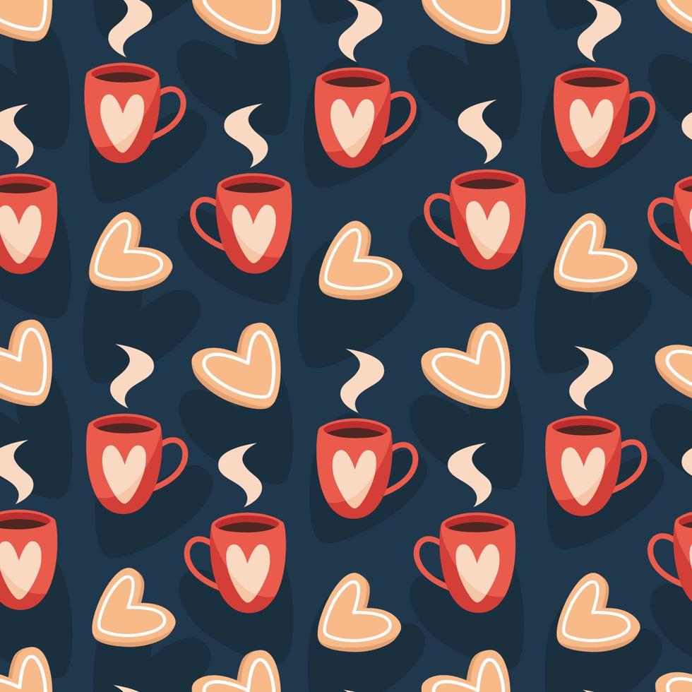 Seamless valentines day pattern with hot drink and cakes in flat style vector