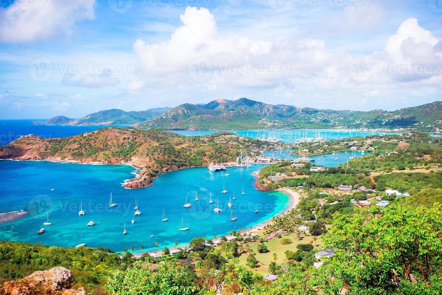 View of English Harbor from Shirley Heights, Antigua, paradise bay at tropical island in the Caribbean Sea photo