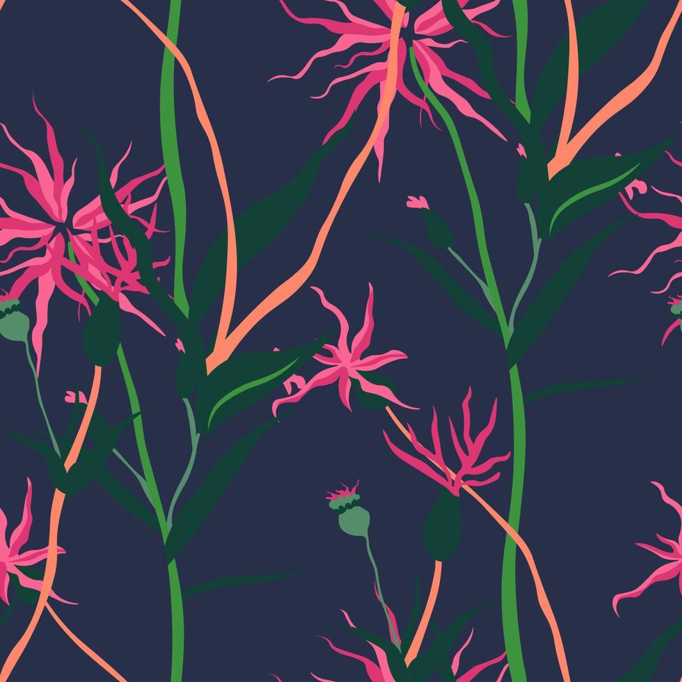 Tropical foliage and flowering plants pattern vector