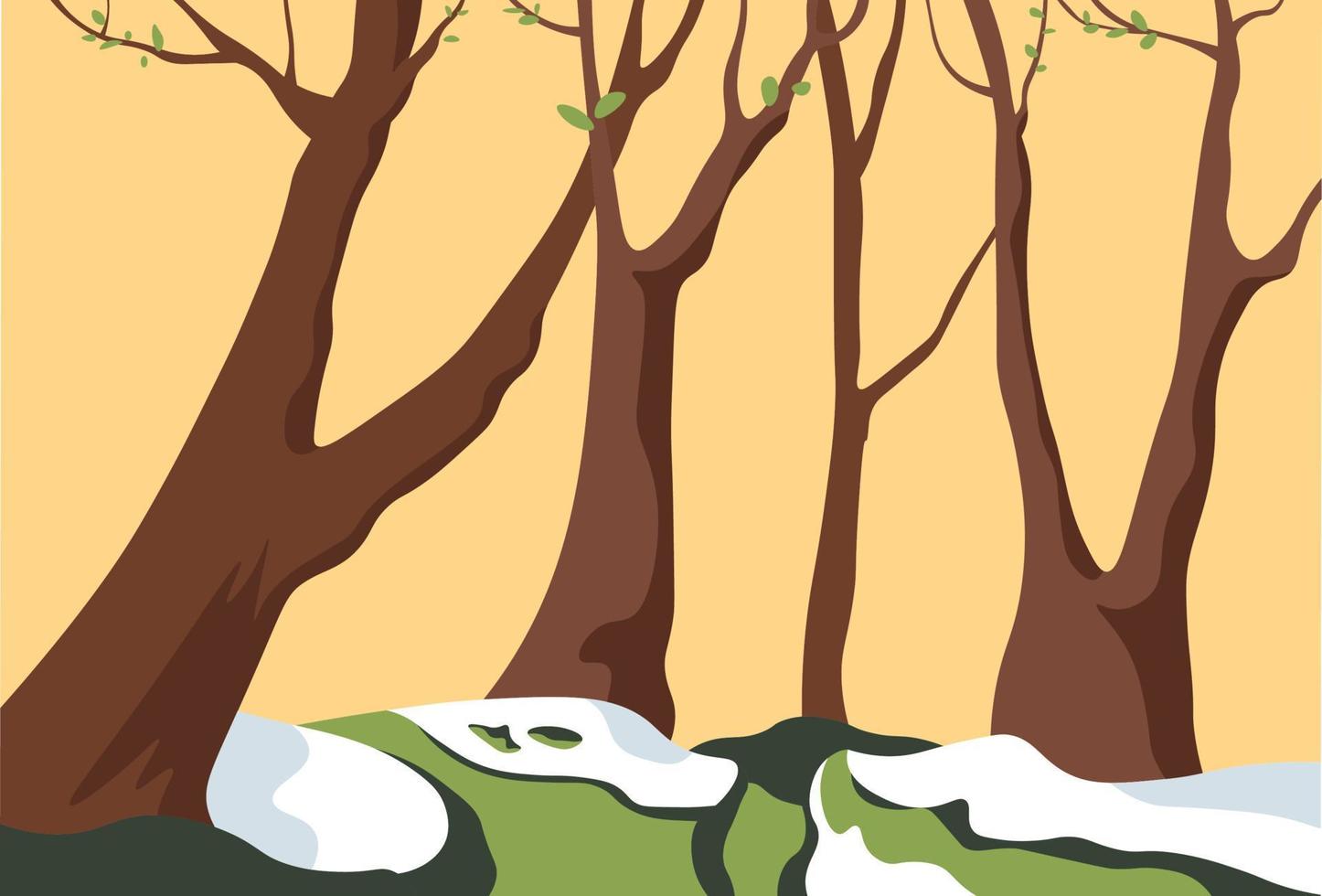 Spring forest with melting snow and blooming tree vector
