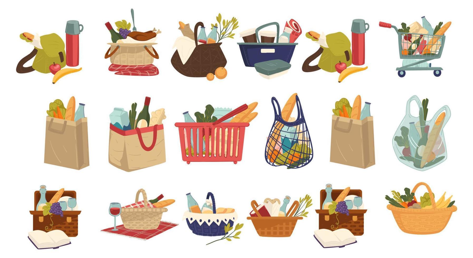 bolsas con productos y comestibles, compras de alimentos vector