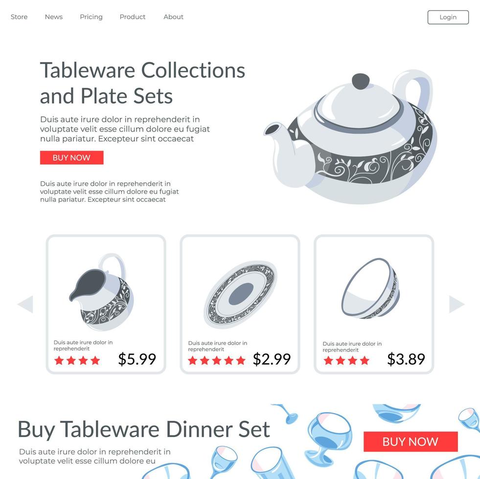 Tableware collections and plates sets website vector