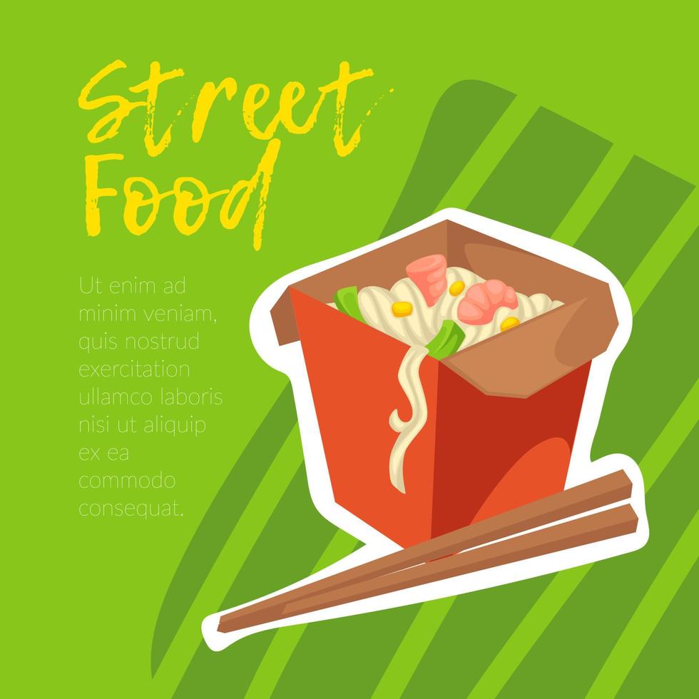 Street food asian dish, noodles with chopsticks vector