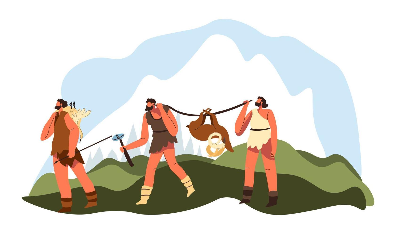 Hunting people of stone age walking with animals vector