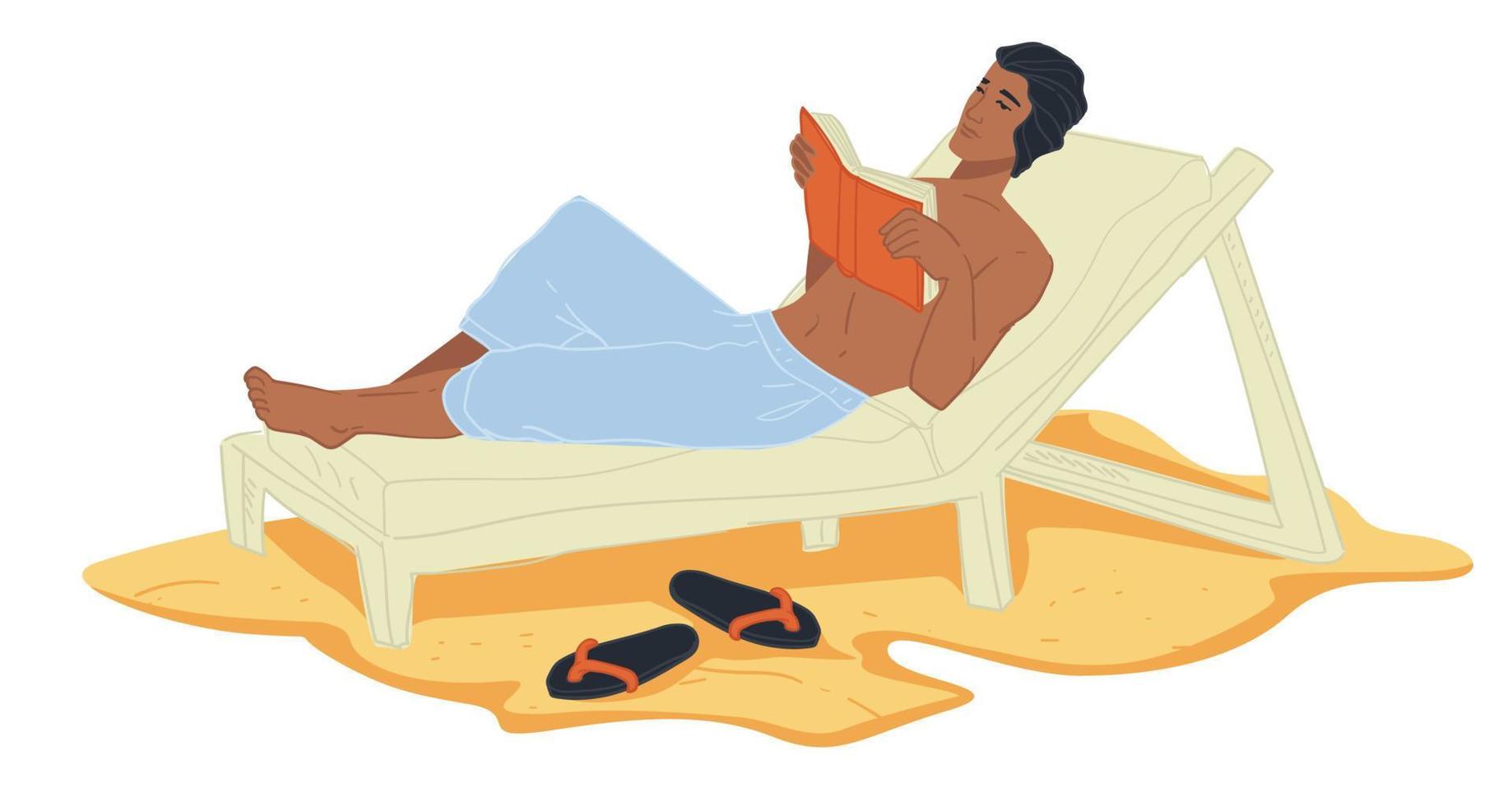 Man lying on chaise longue and reading book vector
