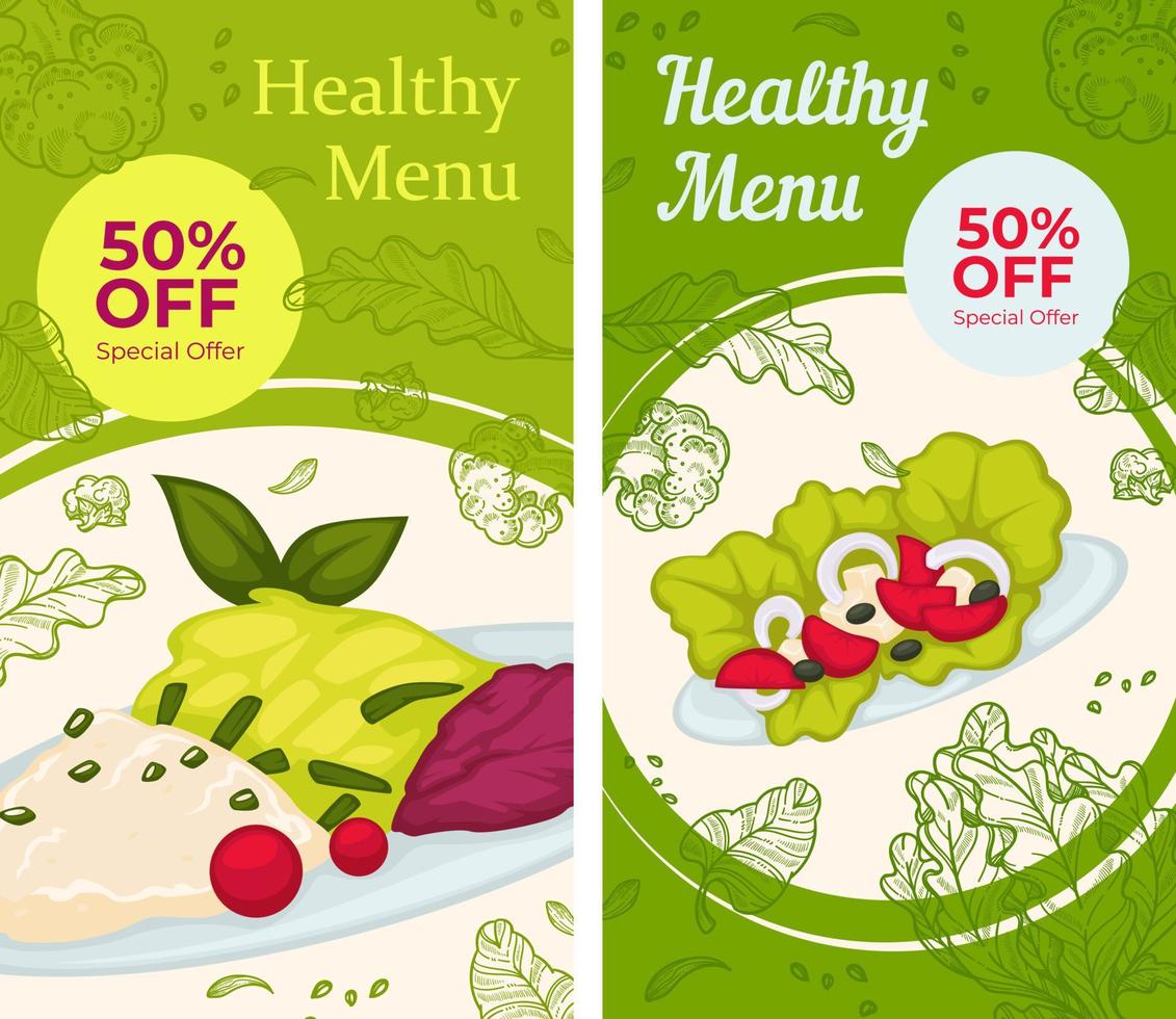 Healthy menu with vegetables, 50 off discounts vector