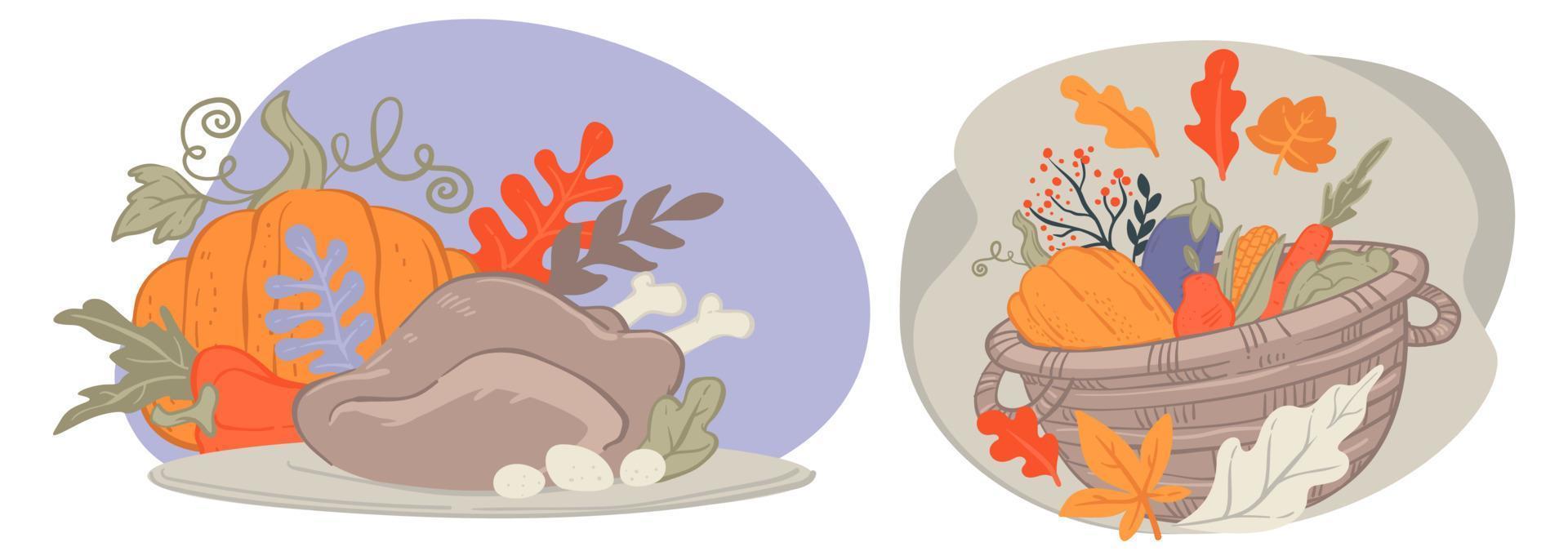 Thanksgiving food, pumpkin and turkey, vector