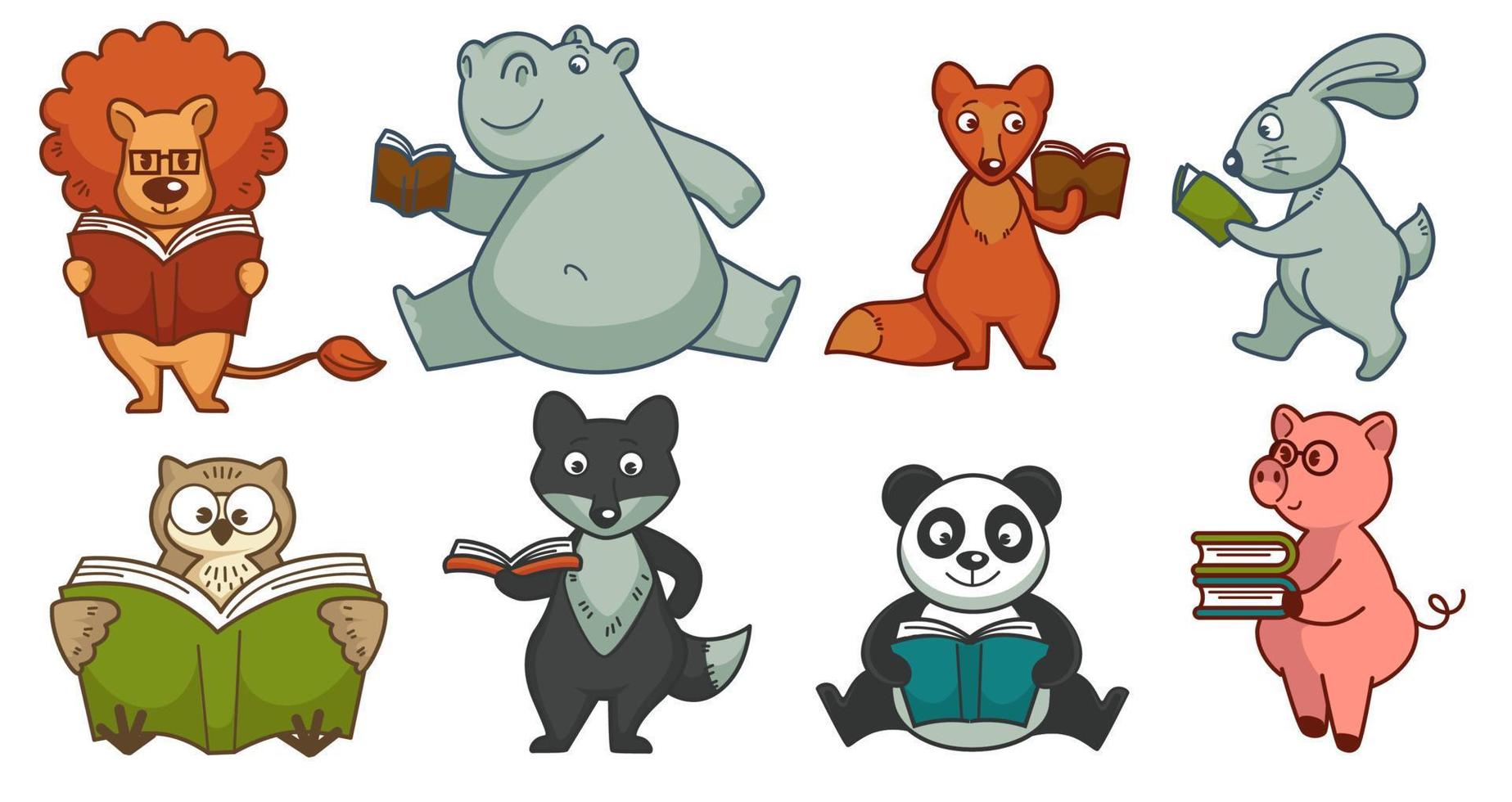 Animal characters reading books and studying set vector