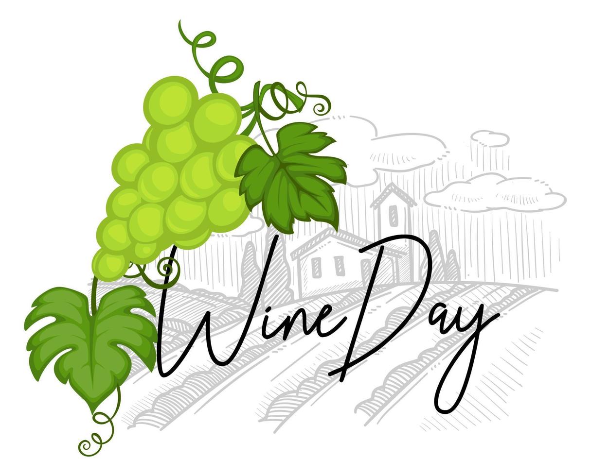 Wine day, countryside house and grapes poster vector