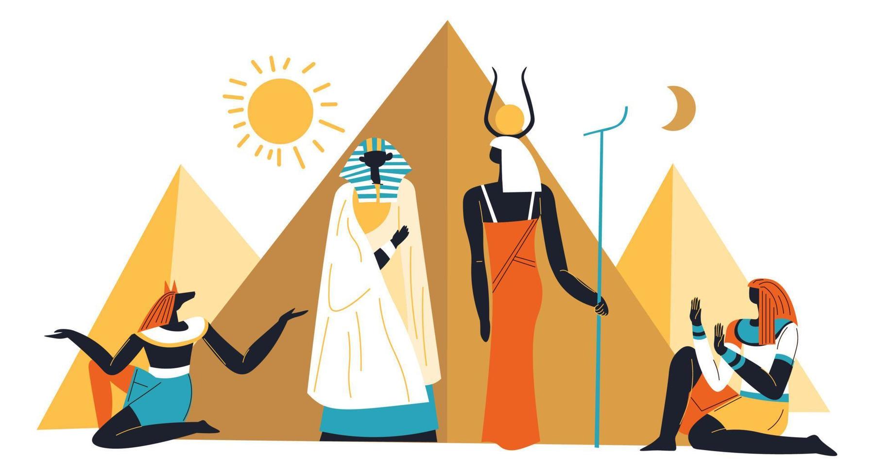 Egyptian pyramids, sun and ancient deities vector