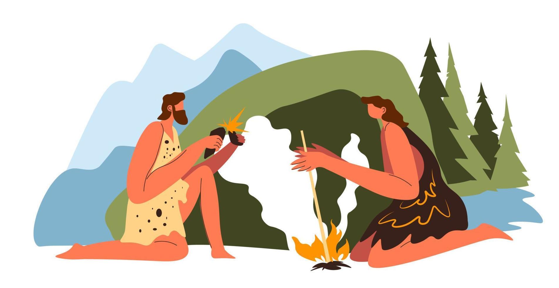 hombre y mujer haciendo fuego, paisaje prehistórico vector
