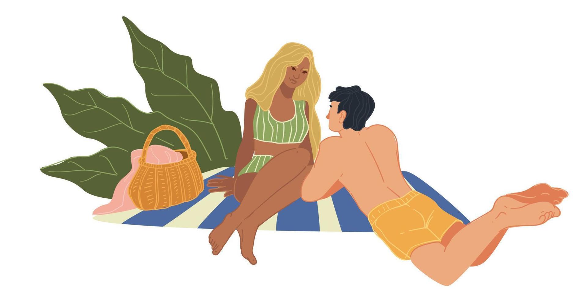 hombre y mujer tendidos en la playa, picnic de pareja vector