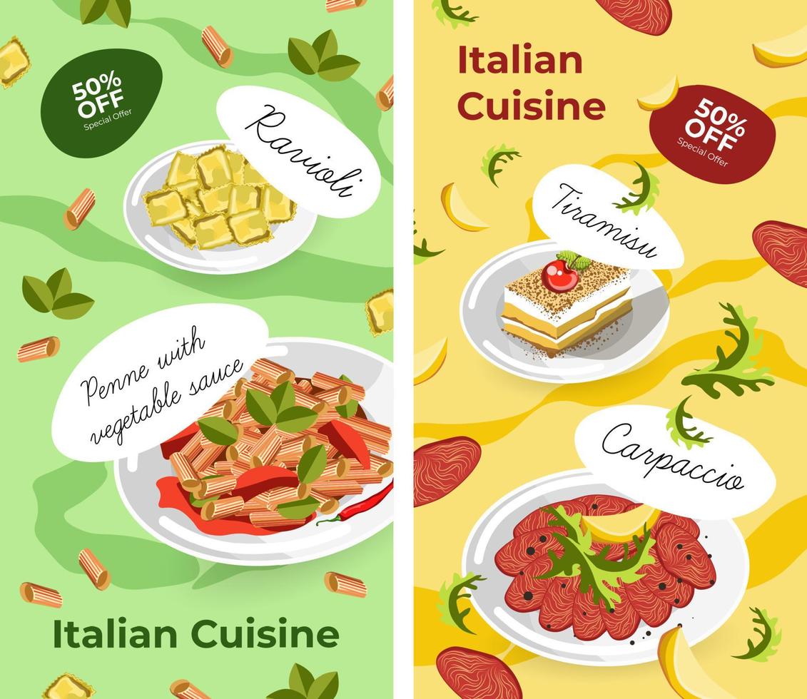 venta de carteles de cocina italiana, platos y postres vector