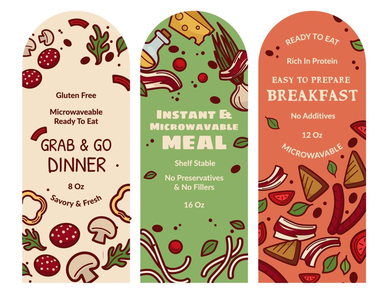 Ready to eat breakfast, grab and go dinner label vector