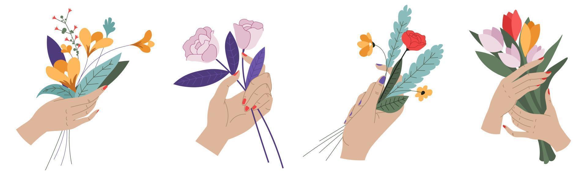 manos femeninas sosteniendo flores y ramos de flores vector