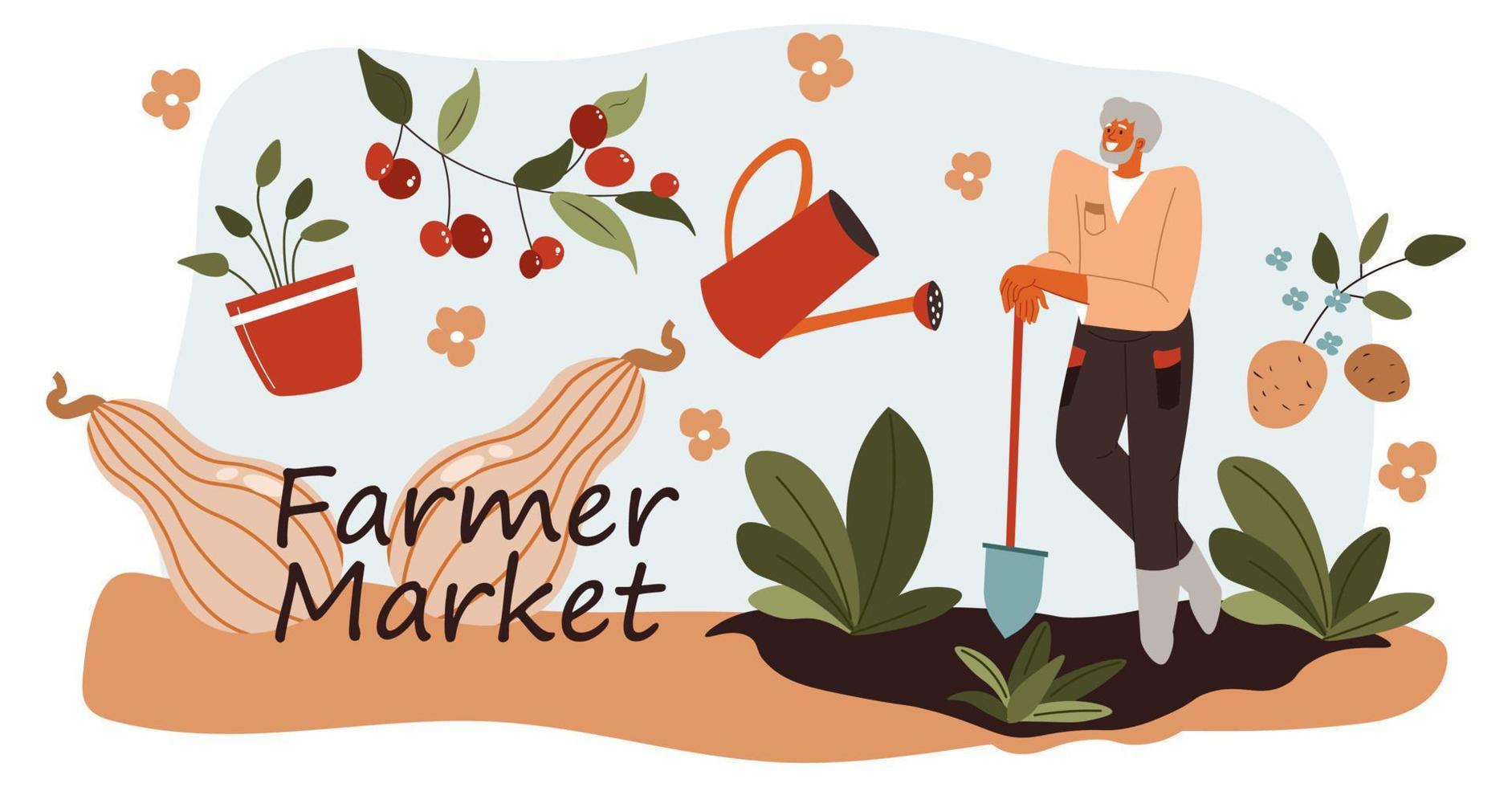 Farmer market, agriculture and farming selling vector