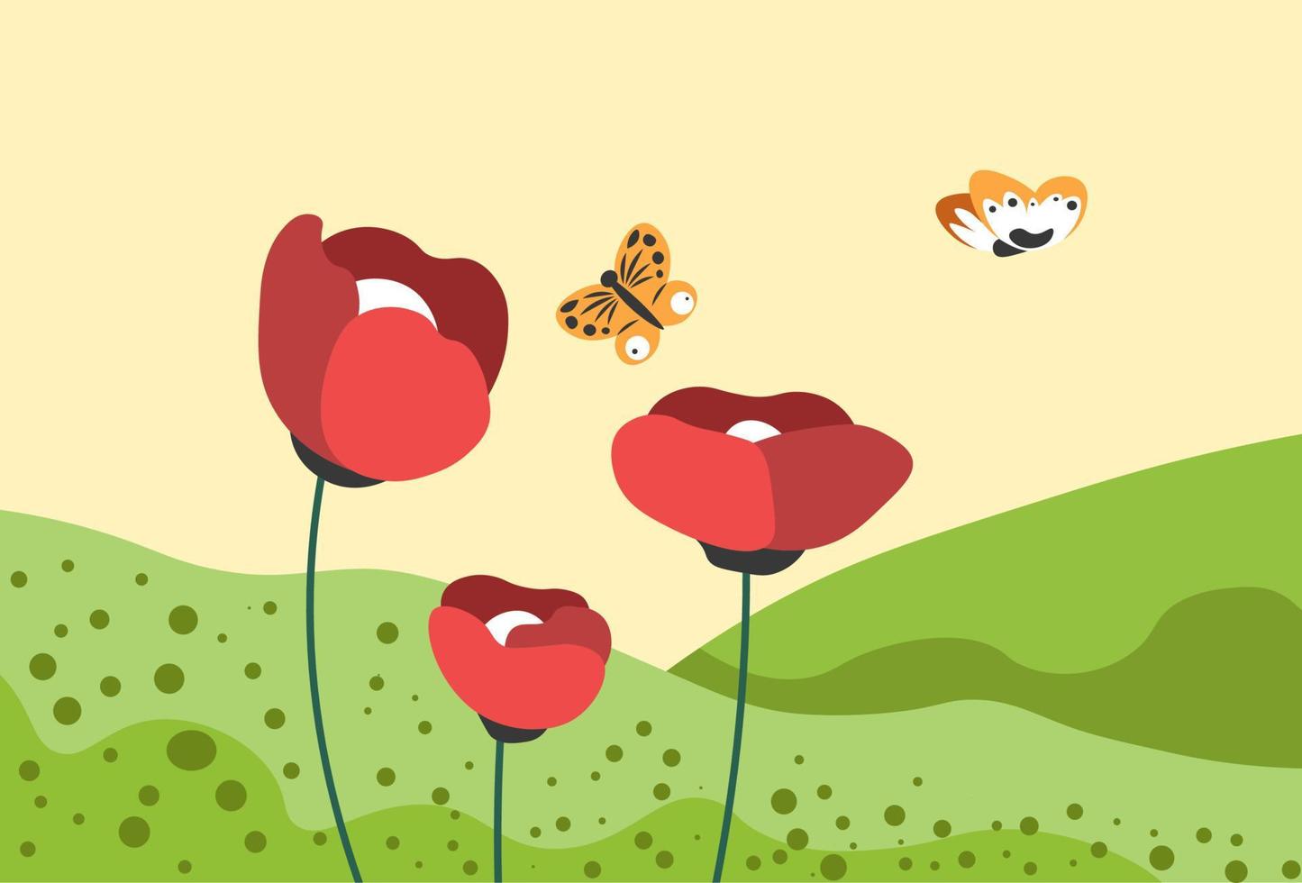 Summer or spring meadow, poppy with butterfly vector