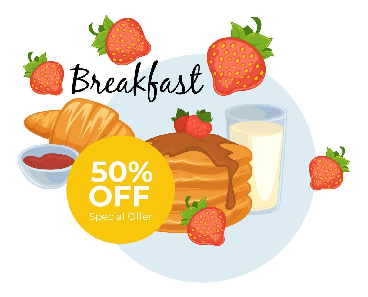 Breakfast dessert and drink, cafe promo banner vector