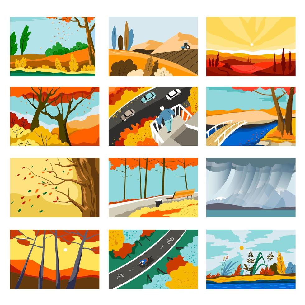 Autumn landscapes, cities and parks with trees vector