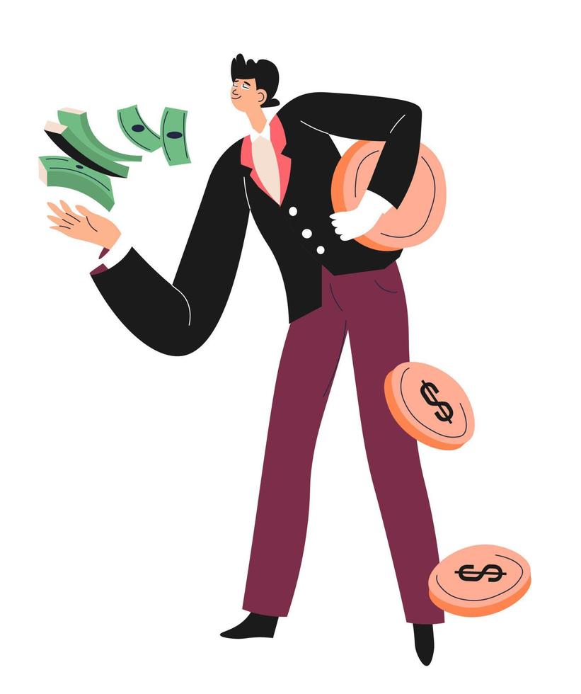 Rich and wealthy personage with banknotes coins vector