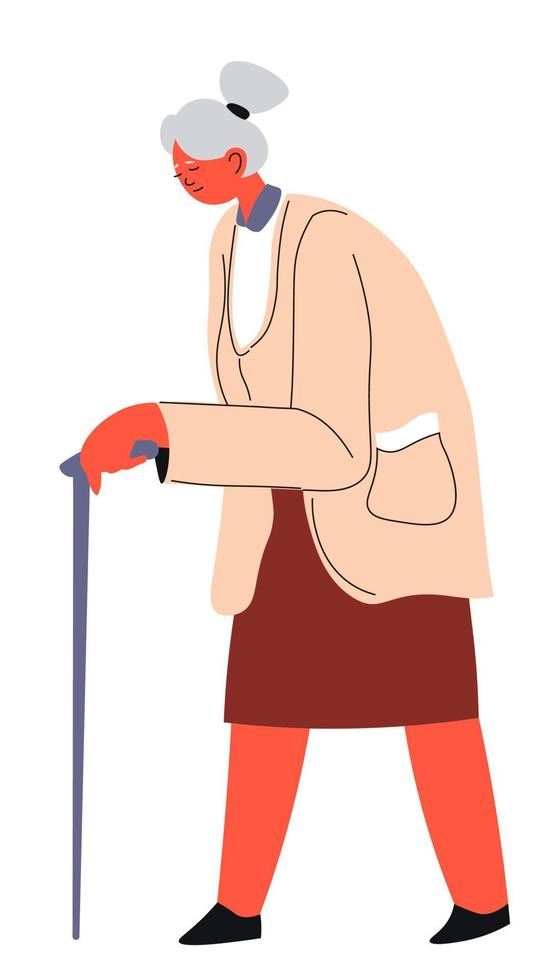 Senior woman walking with stick, grandmother lady vector