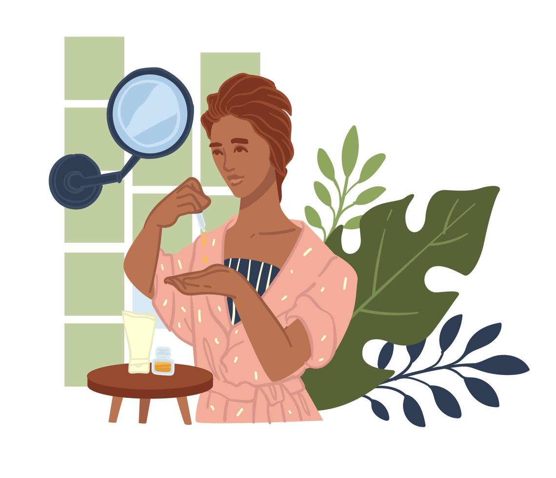 Woman applying serum for skin, facial cosmetics vector