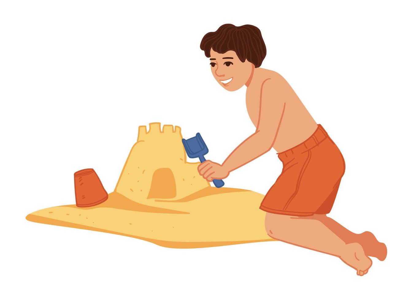 Child building castle with sand, beach vacation vector