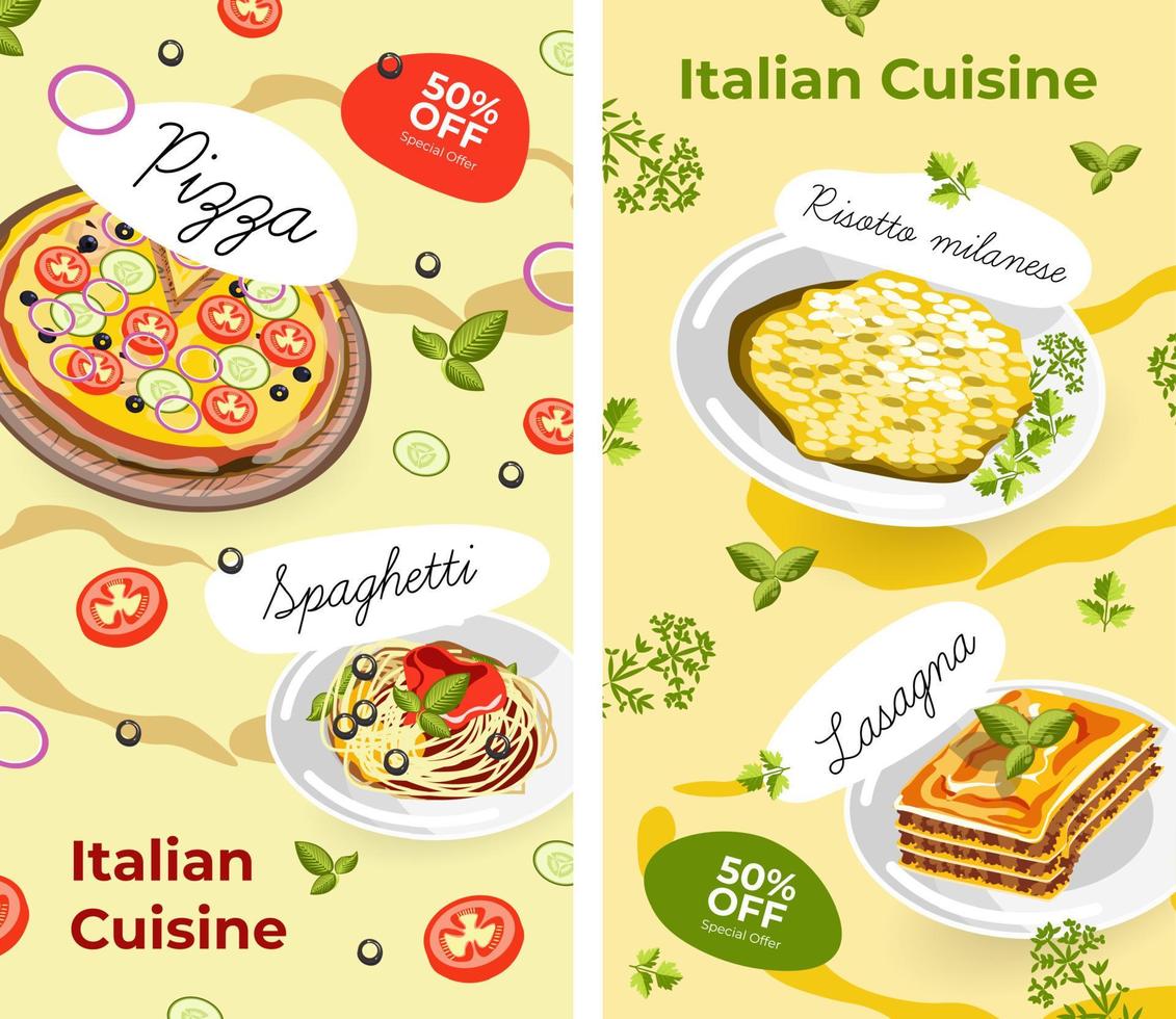 cocina italiana, menú y promociones con ventas vector