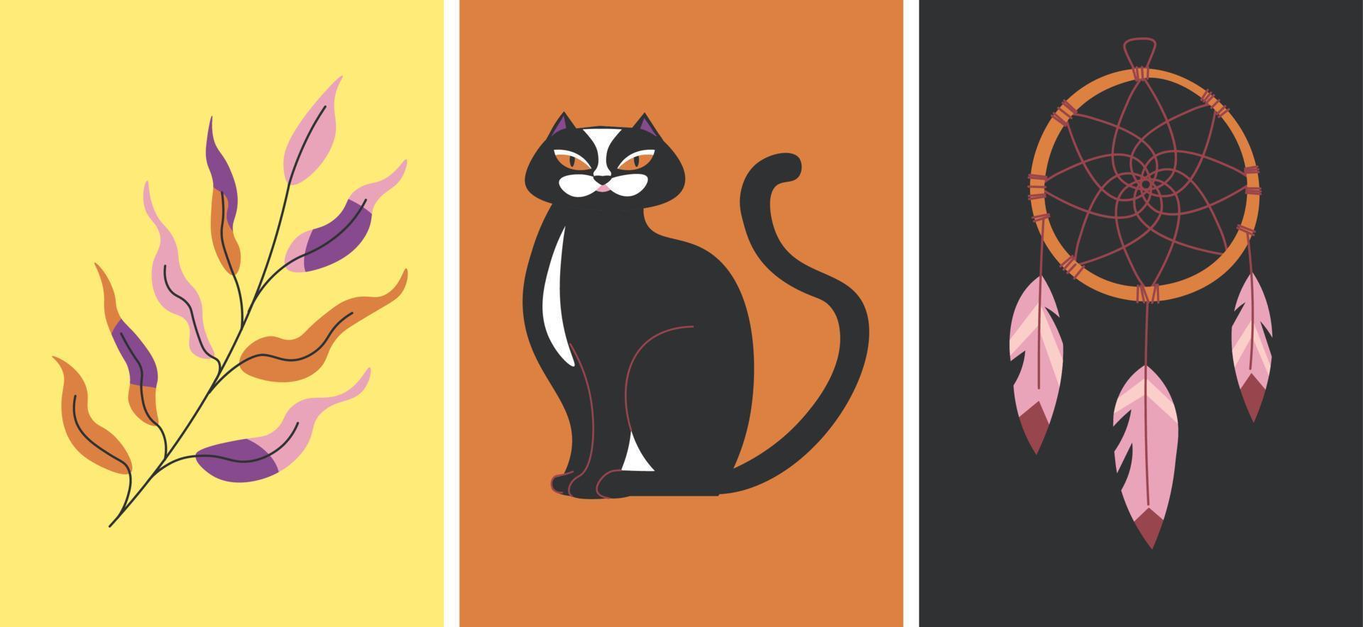 Magic cards, black cat and dreamcatcher, leaves vector