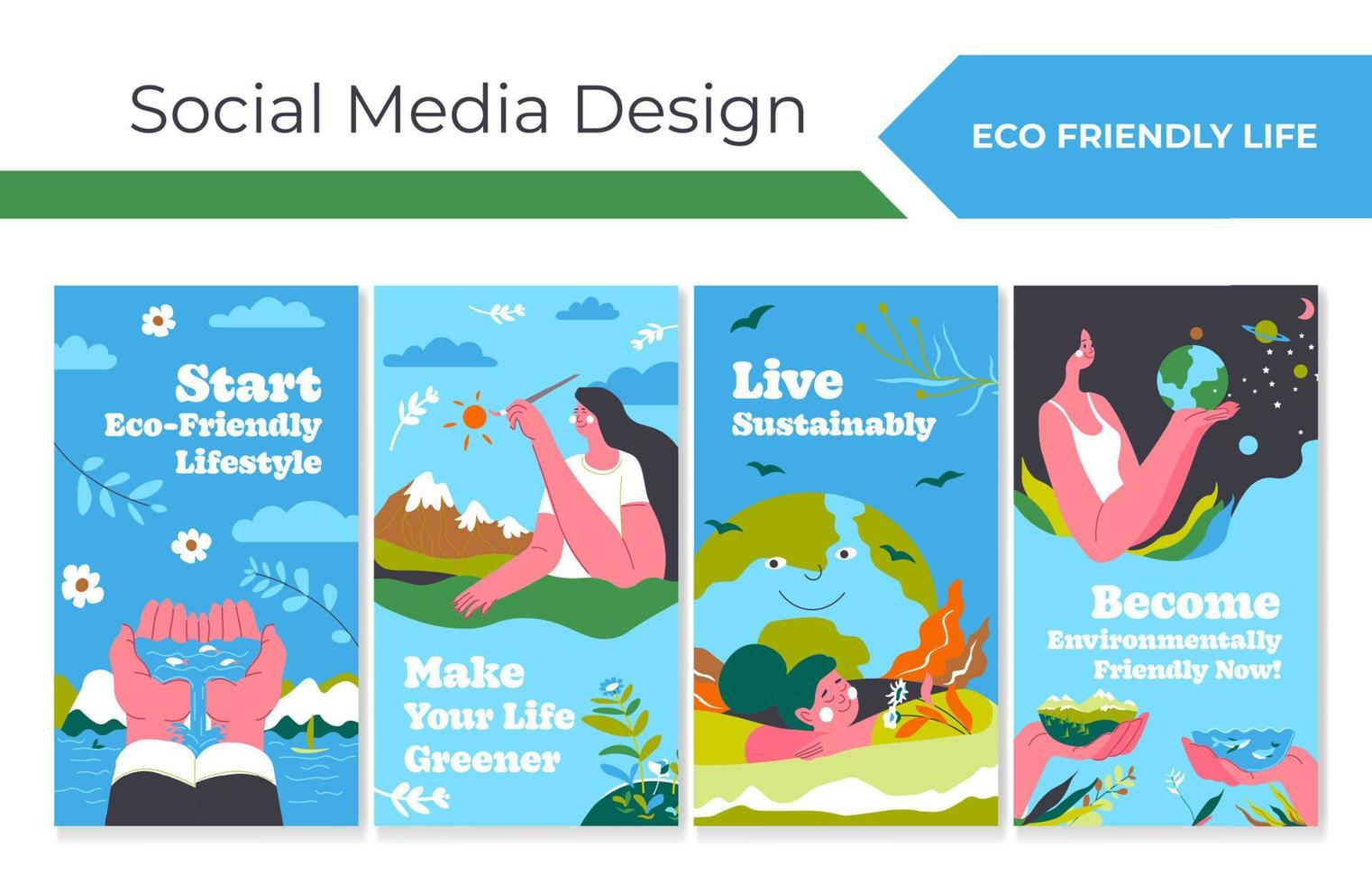 Eco friendly life concept at network story set vector