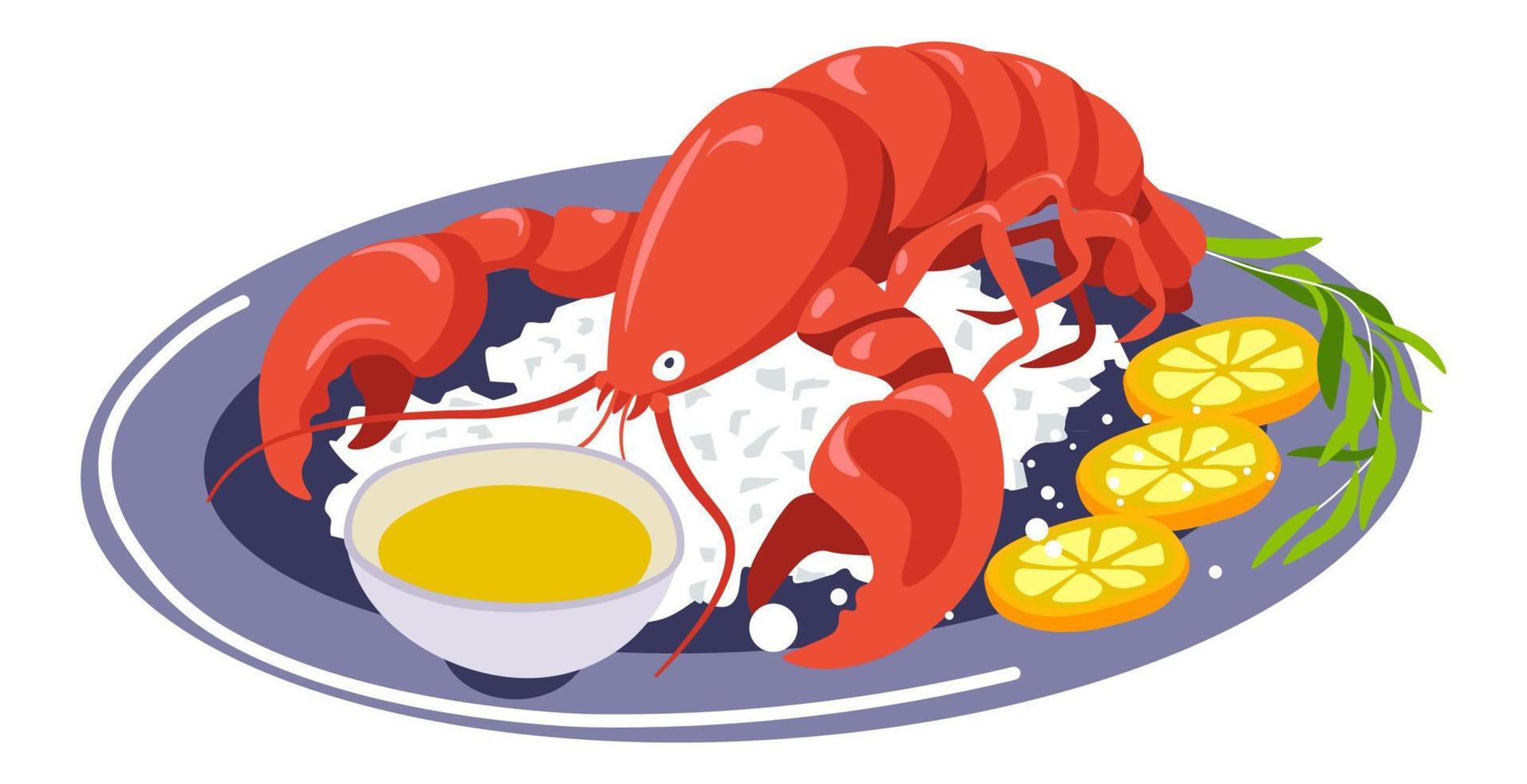 Baked crayfish with lemon slices, seafood dishes vector