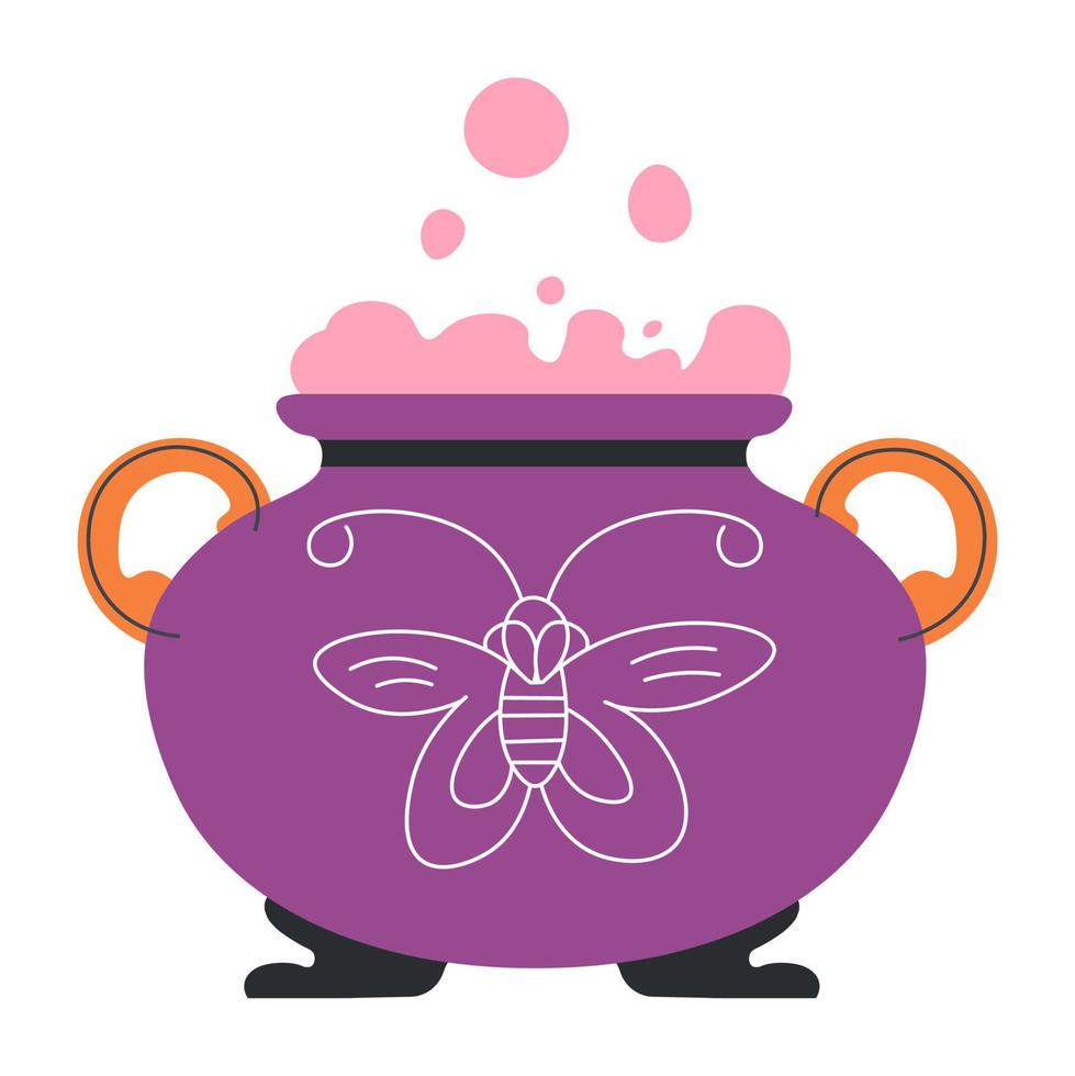 Cauldron with magic potion, pot with pink bubbles vector