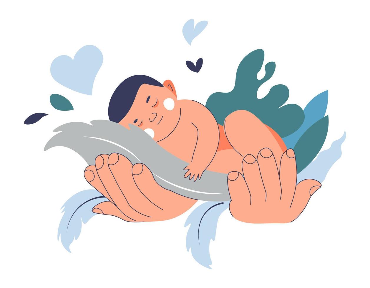 Newborn baby peacefully asleep on parents hands vector