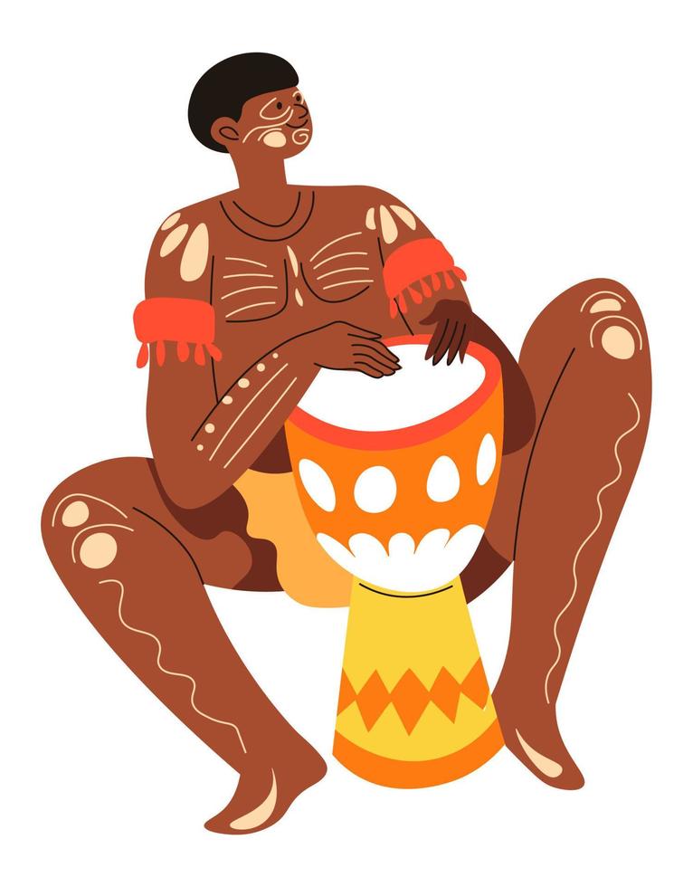 African man tribe playing drums, ritual performer vector