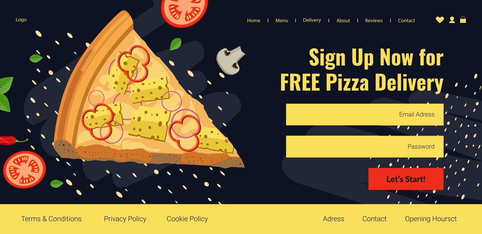 regístrese ahora para la entrega de pizza gratis, página del sitio web vector