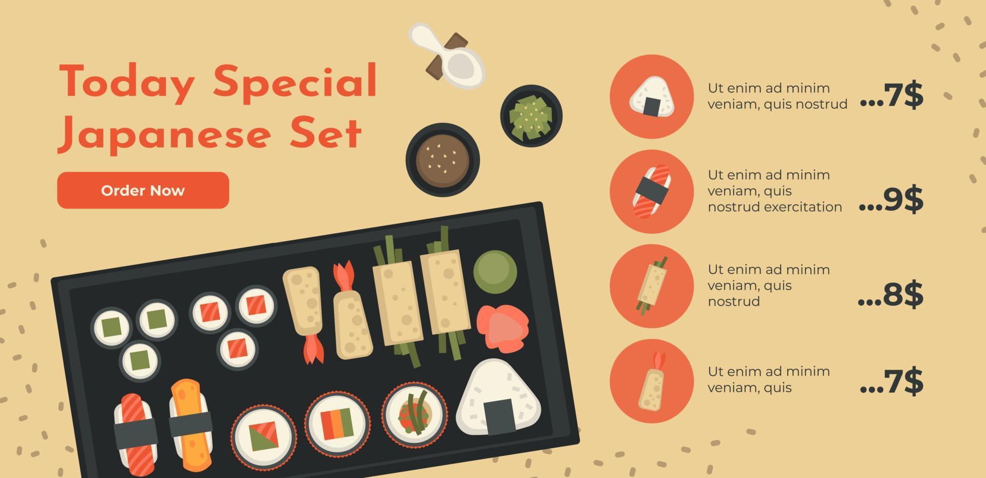 hoy especial set japones, menu con precio web vector