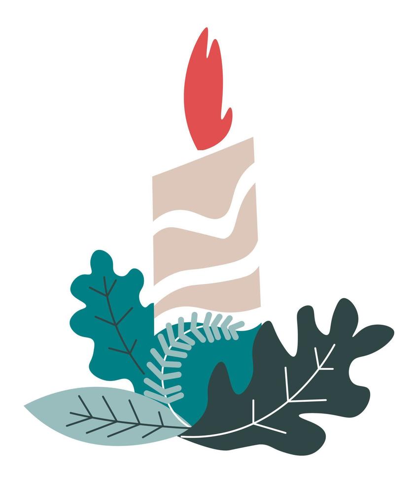 Candle with flame and evergreen foliage leaves vector