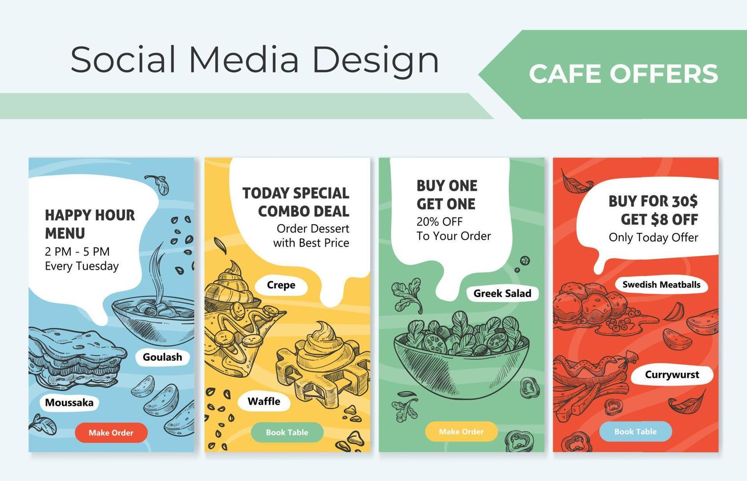 Cafe offer social media story set, special deals vector