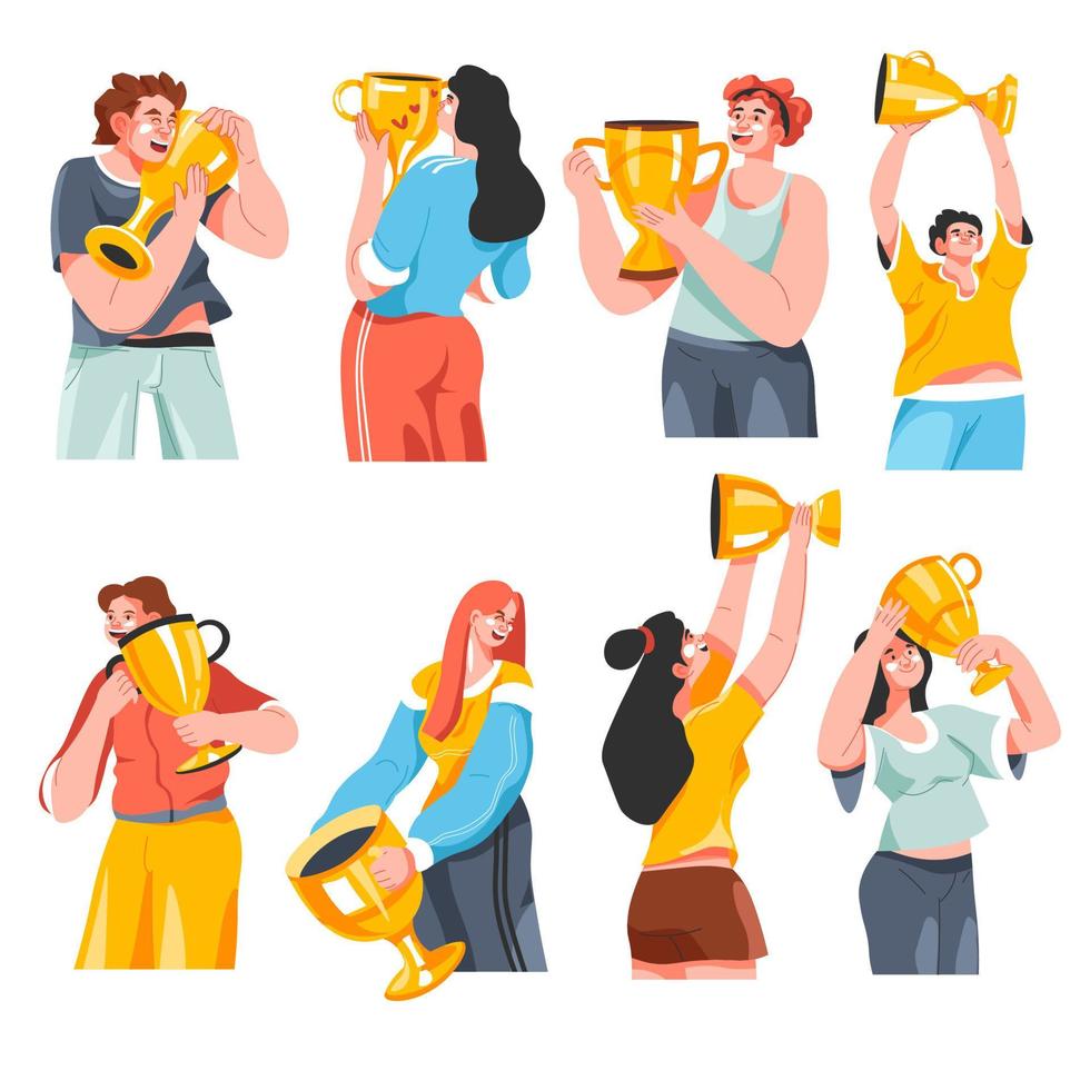 People with rewards, winners with trophy prize vector