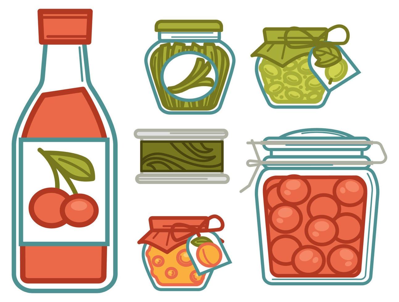 Marinated vegetables and fruits, jams of cherry vector