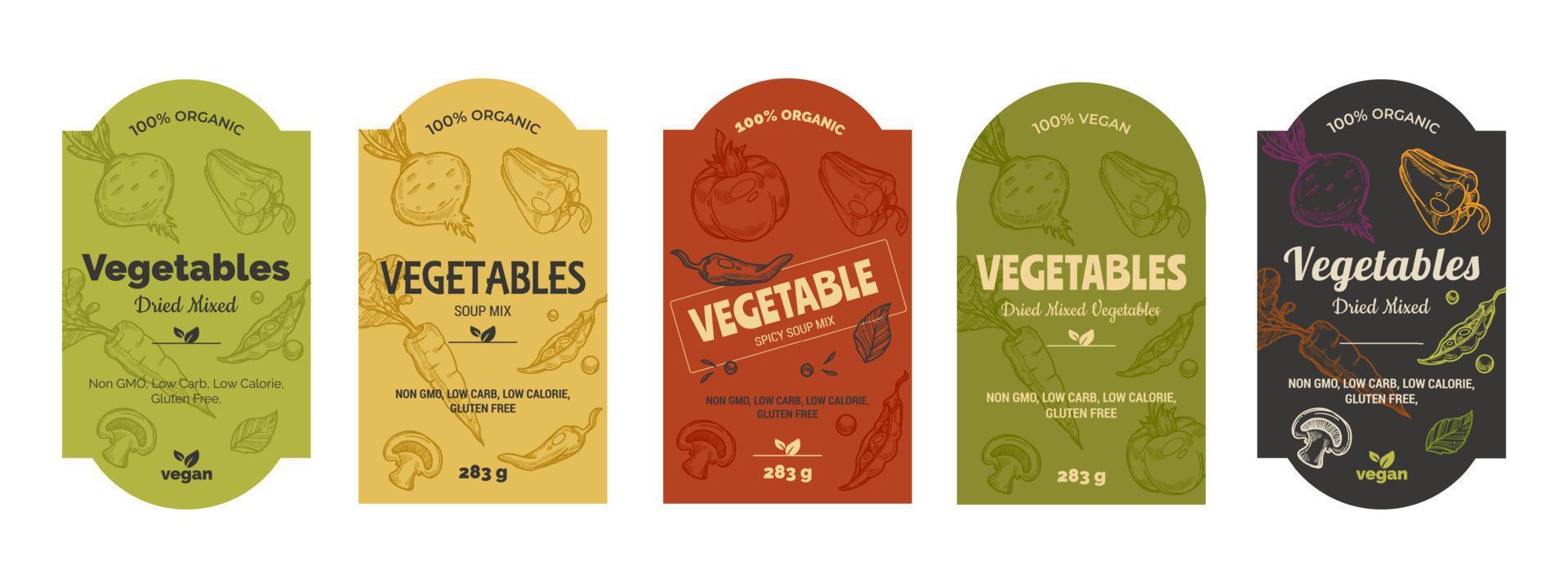 Vegetable soup mix label design set, product badge vector