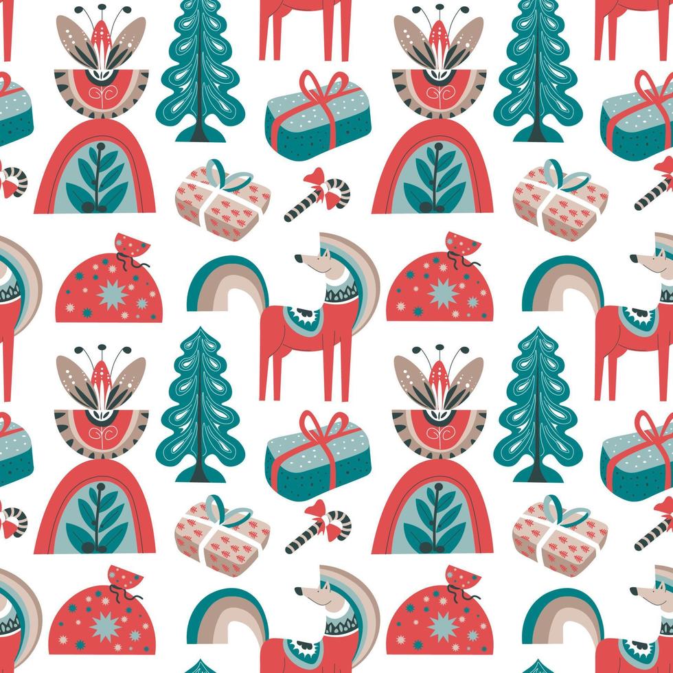 Pine tree and animal wolf, xmas presents pattern vector