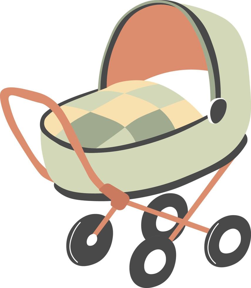 Pushchair for children and newborn babies, isolated pram or perambulator with handle and blanket with pillow inside. Equipment for transportation and walking with kid outdoors. Vector in flat style