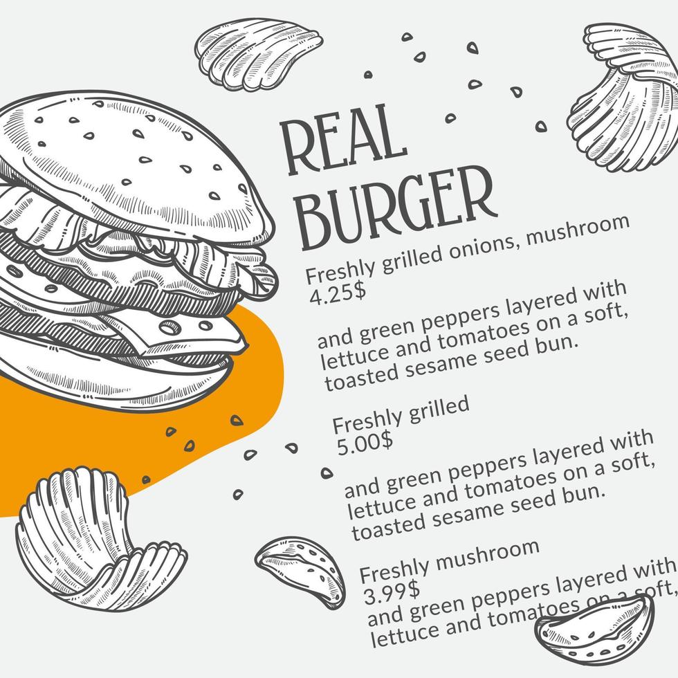 Real burger fast food and chips, monochrome menu vector
