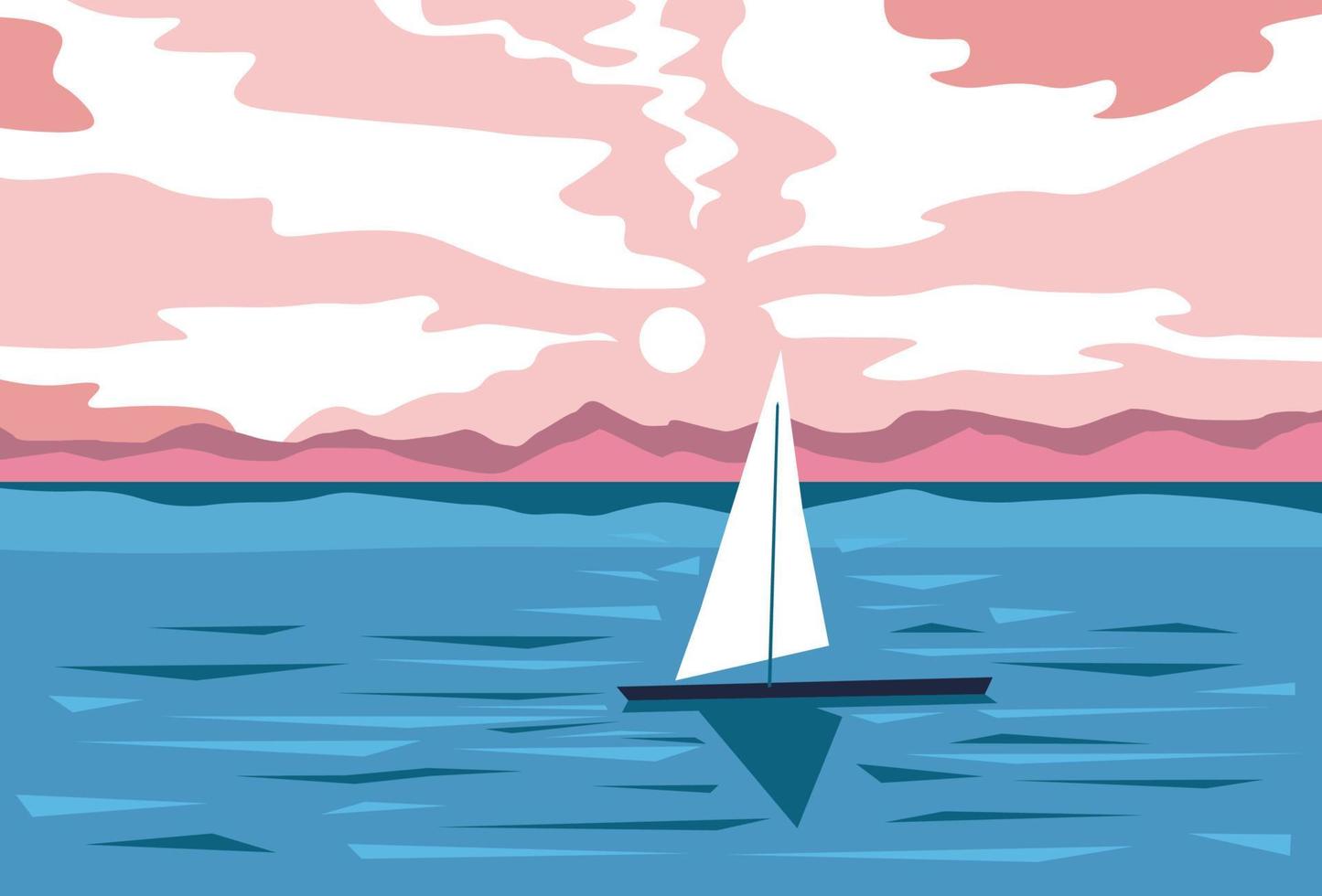 Summer evening, seaside or pond with sailing boat vector