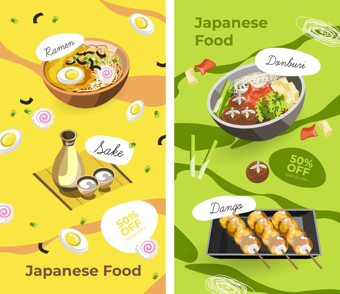 menú de comida japonesa, descuentos de banner promocional. vector